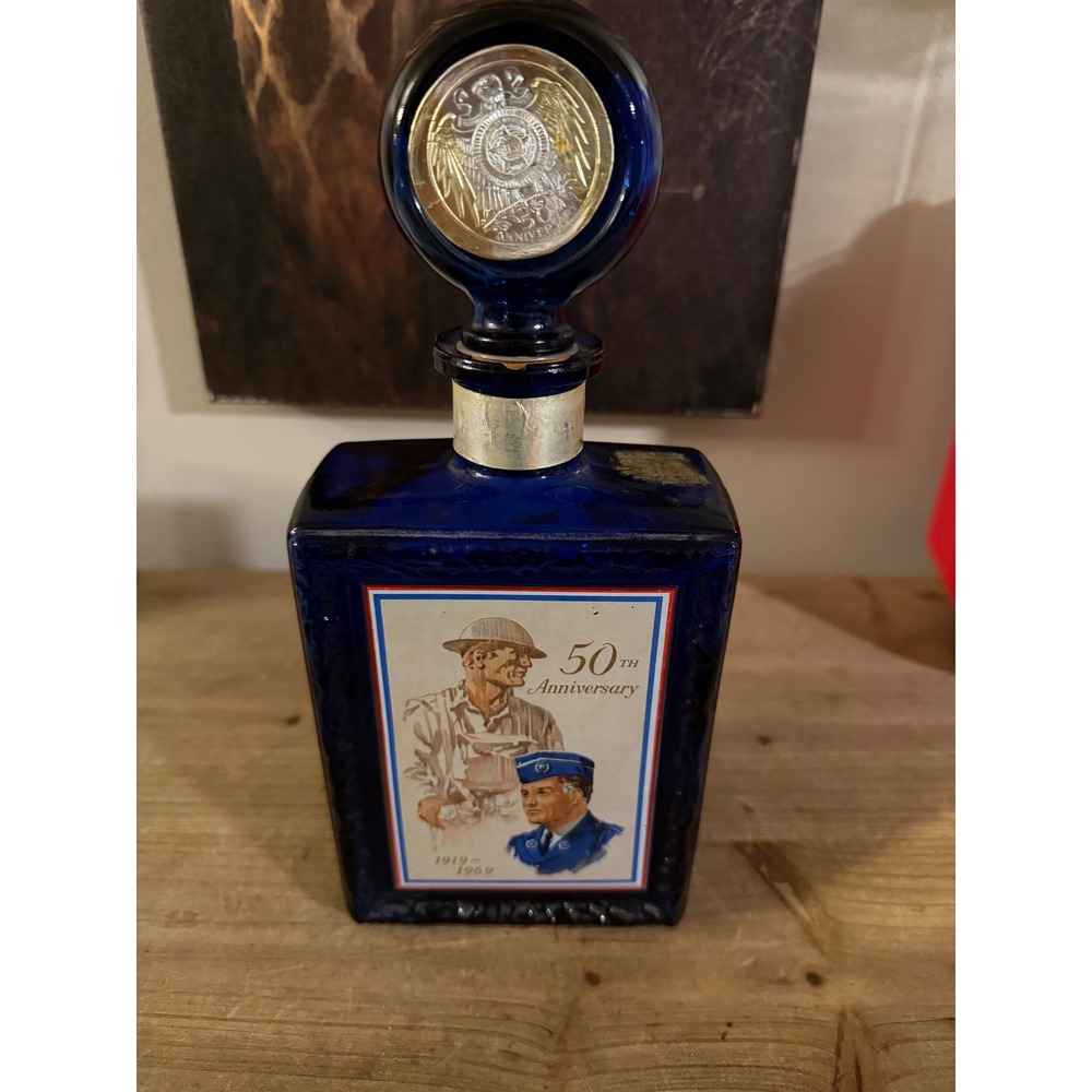 Vintage J.W. Dant American Legion 50th Anniversary Cobalt Blue Glass Decanter 19